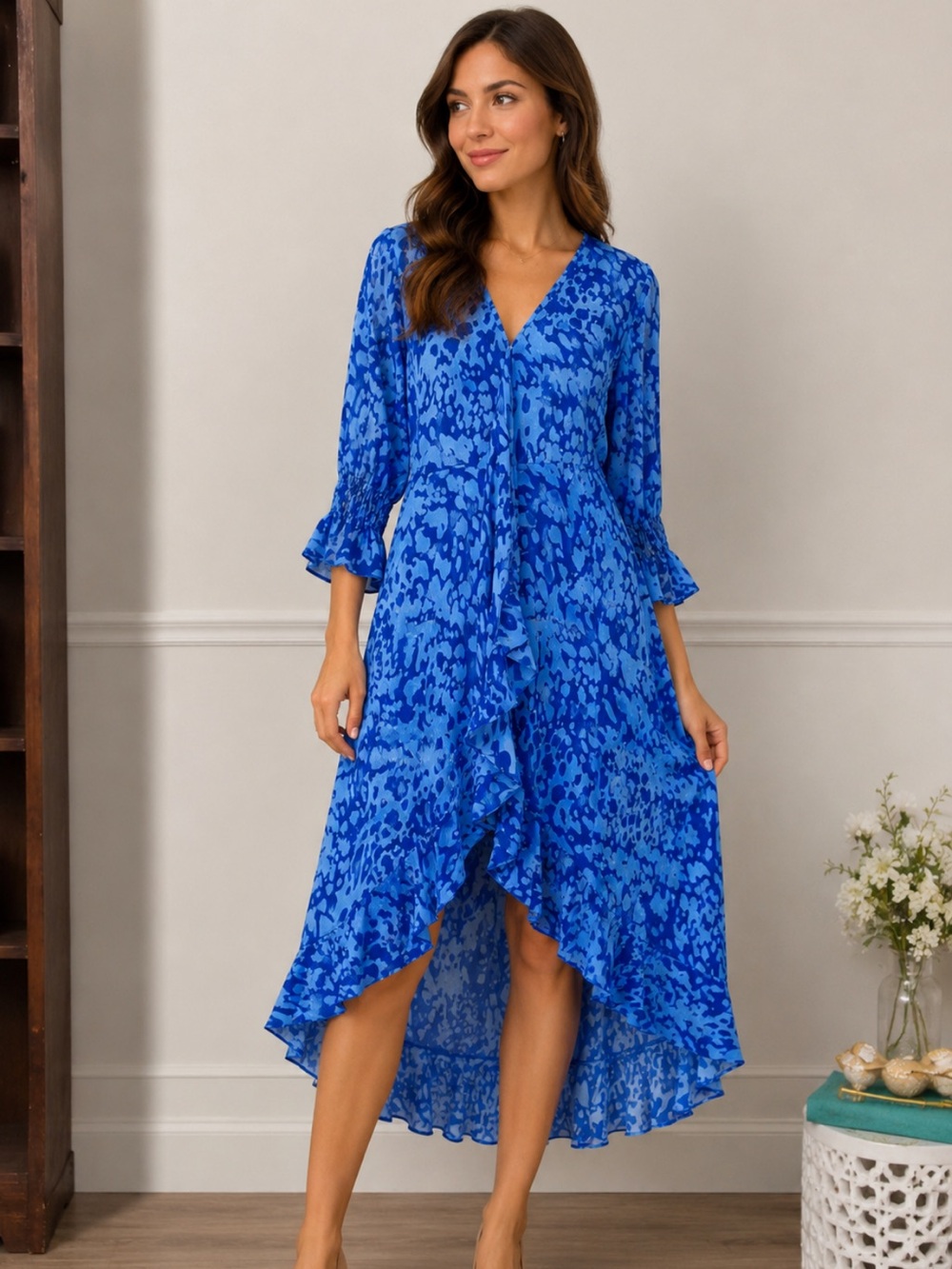 Elegant Blue Ruffle V-Neck High-Low Dress